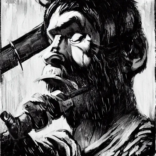 Image similar to norwegian troll blacksmith with sledgehammer and fire profile portrait half body monochrome portrait hammer dramatic kvlt by peder balke by guido crepax by norman bluhm mystic high contrast monochromatic noir brush