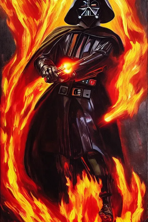 Prompt: anakin skywalker emerging from a ocean of flames. he is wearing darth vader's suit. he has a lightsaber in his right hands and clenches the left hand as a fist. detailed portrait. oil painting. motion blur. visible brushstrokes