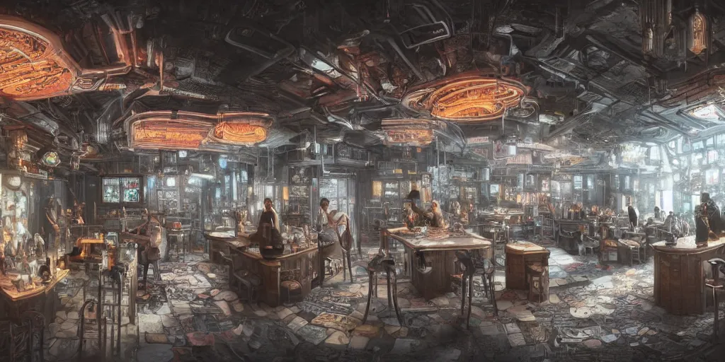 Image similar to Highly detailed realistic photo of interior design in style of Hiromasa Ogura and Josan Gonzalez of detailed cyberpunk tavern with minimalism stone walls and neon lights, a lot of electronics and people, many details. Natural white sunlight from the transperient roof. Panorama on 360 degrees Rendered in 32K in VRAY and DaVinci Resolve and MAXWELL and LUMION 3D, Volumetric natural light