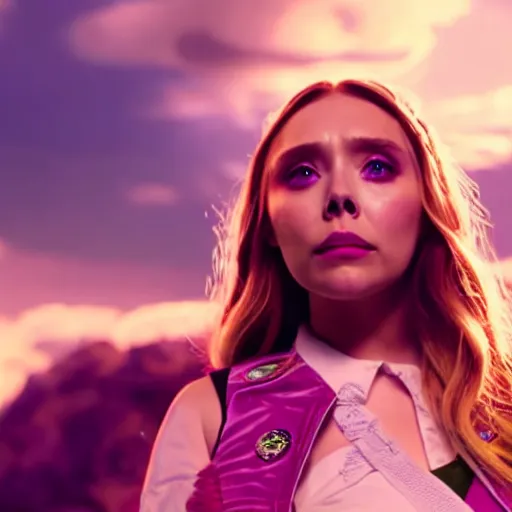 Image similar to cinematic scene with elizabeth olsen as jolyne from jojo's bizarre adventure, live action film, stone ocean, dramatic, small details, volumetric lighting, still frame