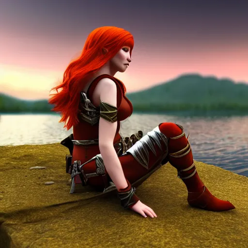 Image similar to beautiful female redhead elf warrior wearing leather armor, sitting next to a beautiful lake at sunset, enjoying the wind, looking at the water. 8 k ultra realistic, award winning, unreal engine 5, masterpiece, atmosphere glow, hyperrealistic, focused, extreme details, cinematic