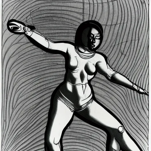 Prompt: a cyborg woman dancing. Line drawing by Hans Bellmer.
