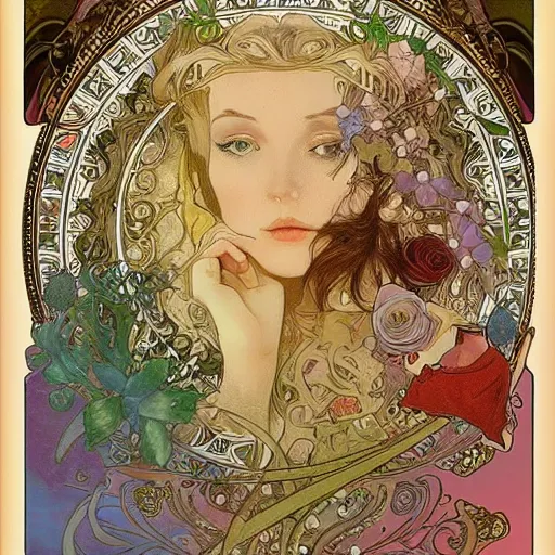 Prompt: Alice in Wonderland,Diamonds Blaze,Rose twining,out of time and space,dreamy, eternity, romantic,highly detailed,in the style of Alphonse Maria Mucha, highly detailed,night lighting