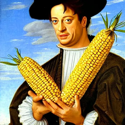 Image similar to a 1 6 0 0 s portrait painting of brendan fraser holding corn, intricate, elegant, highly detailed