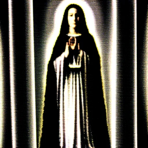 Image similar to vhs static overlay of marian apparition, vhs, 1 9 9 0, highly realistic, highly detailed, vhs noise static, black and white, vhs glitch