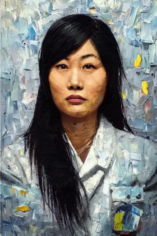 Image similar to palette knife oil painting portrait of a female asian police psychiatrist, extreme detail, artstation trending, artgerm, deviant art, octane, substance, art history 8 k