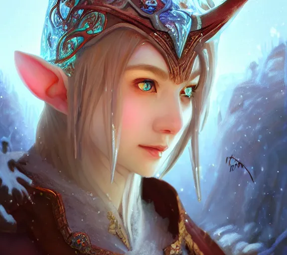 Prompt: beautiful ancient frost elf, fire in eye, snow glow, pool party, highly detailed, digital painting, artstation, sharp focus, illustration, art by tan zi and ayanamikodon and alphonse mucha and wlop