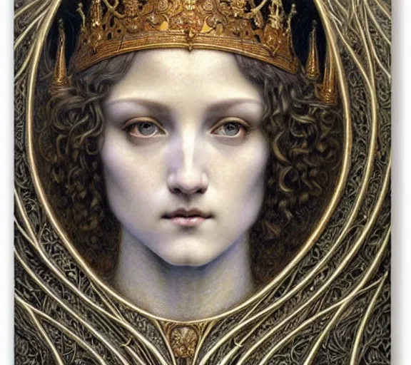 Image similar to detailed realistic beautiful young medieval queen face portrait by jean delville, gustave dore and marco mazzoni, art nouveau, symbolist, visionary, gothic, pre - raphaelite. horizontal symmetry