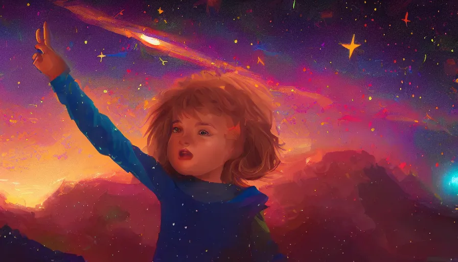 Prompt: Digital painting of a child pointing to the colorful stars in the sky, hyperdetailed, artstation, cgsociety, 8k