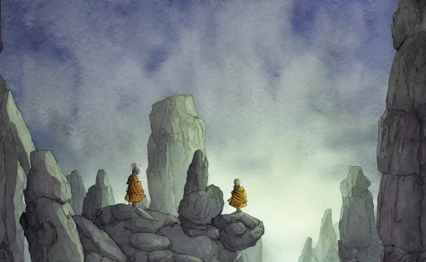 Image similar to a hyperrealist anime watercolor fantasy concept art of a giant monk with a grey robe and a small grey alien with a yellow robe in stonehenge on a misty night. several immense stones are floating in the air. by rebecca guay, michael kaluta, charles vess