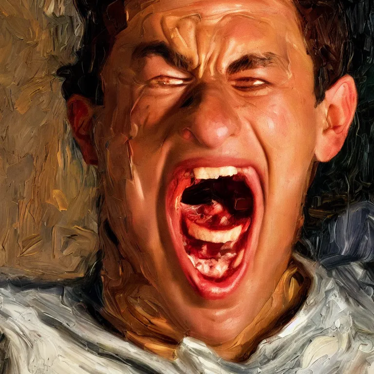 Image similar to warmly lit close up studio portrait of young angry!! screaming teenage Jerry Seinfeld furious!, impasto oil painting thick brushstrokes by Lucian Freud and Cy Twombly and Tim Hawkinson , trending on artstation dramatic lighting Expressionism