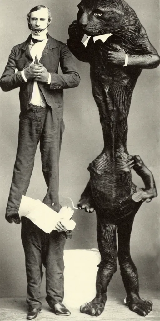 Prompt: t rex and a cat, big hands, big feet, Business men. strange, photograph, 1870s, 1890s