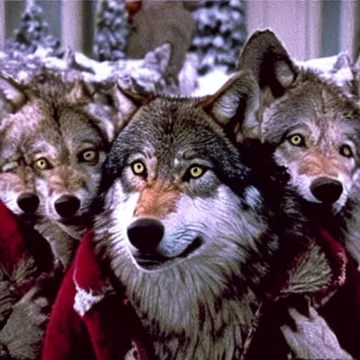 Prompt: pack of hungry wolves in home alone movie