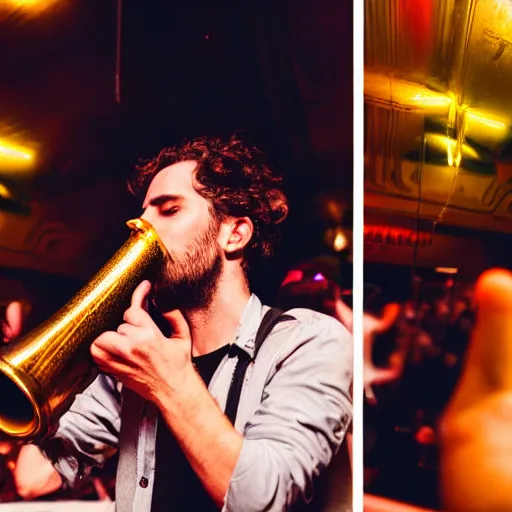 Image similar to photography of the musician marc rebillet drinking champagne at his concert, public is annoyed and throws cans on the stage, 4 k,