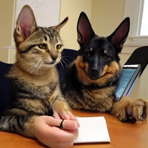 Prompt: my tabby helping my GSD write an email to list grievances about not getting enough treats, they are very serious, serious business, digital art, IE5