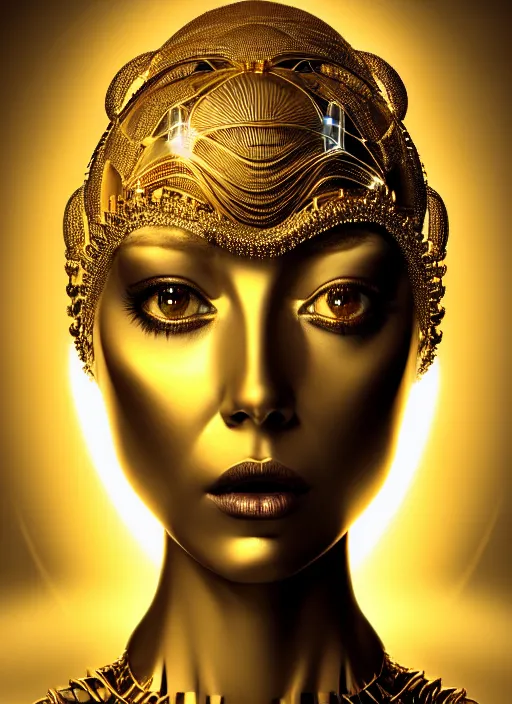 Prompt: portrait of an absurdly beautiful, graceful, sophisticated, fashionable futuristic female golden robot with human eyes and two heads, glowing internal warm light, hyperdetailed illustration by irakli nadar and alexandre ferra, intricate linework, faberge, intricate gold headdress, dark atmosphere, unreal engine 5 highly rendered, global illumination, radiant light, detailed and intricate environment