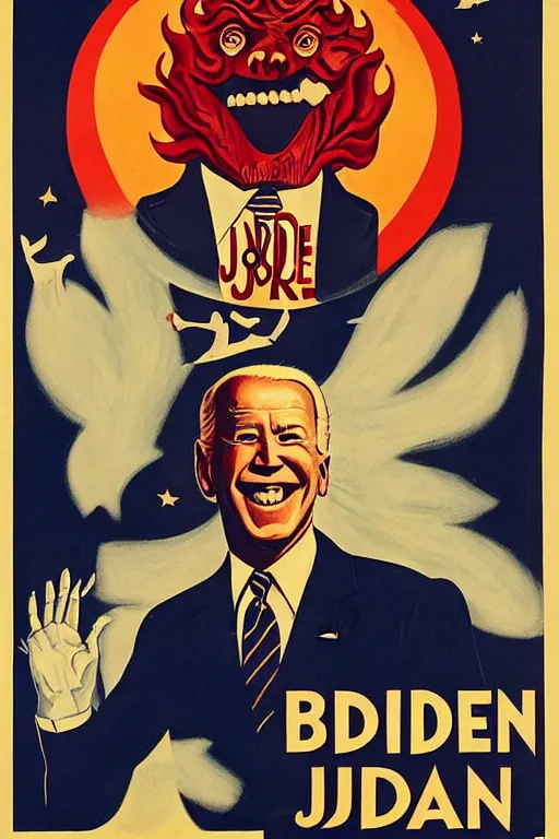 Prompt: joe biden!!!!! propaganda poster by miguel covarrubias! smile, creepy!, joe biden as satan!!! devil worshiper!!! ink print press, ww 2 poster,, iconic, masterpiece, ornate and detailed, propaganda, award winning