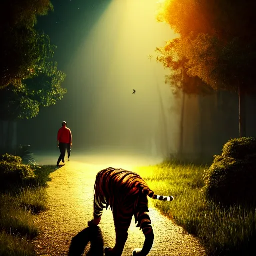 Image similar to photo of a man walking a tiger like a dog ultra realistic, lens flare, atmosphere, glow, detailed, intricate, full of colour, cinematic lighting, trending on artstation, 4 k, hyperrealistic, focused, extreme details, unreal engine 5, cinematic, masterpiece, ultra realistic, hyper realistic, highly detailed, sharp focus, digital art