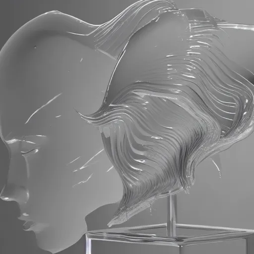 Prompt: refracting translucent ice sculpture of hair! resting on a female beautiful!! marble wig stand, cinema 4 d sharp focus