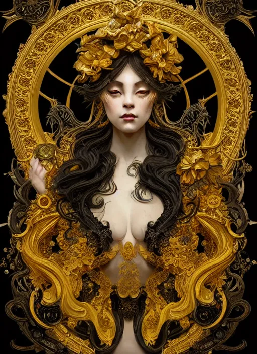 Image similar to beautiful black yellow, complicated gold the baroque style decoration, dark fantasy, intricate, elegant, highly detailed, digital painting, artstation, concept art, matte, 3 d 8 k octane rendered, sharp focus, illustration, octane rendered, art by artgerm and alphonse mucha, leesha hannigan, ross tran