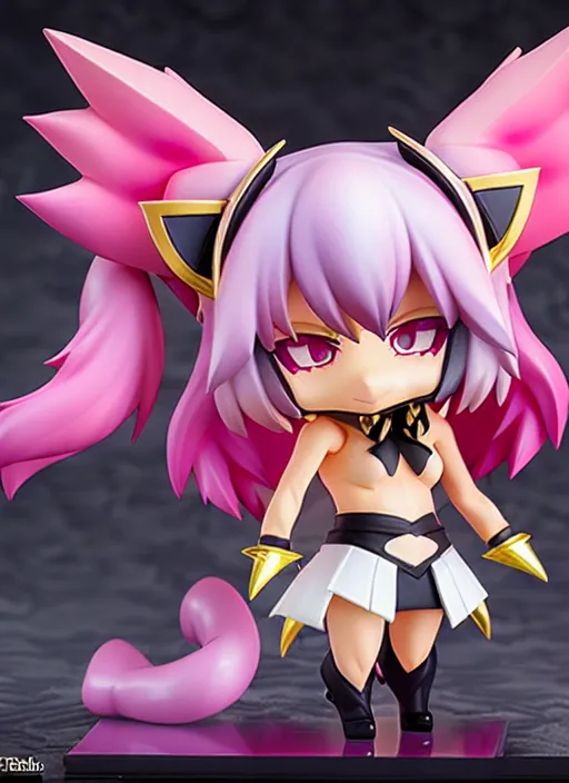 Image similar to chic kda ahri from league of legends nendoroid full body hyperdetalied, hero action pose, osamu tezuka, macoto takahashi, chibi, q posket, 8 k realistic, 3 d, cryengine, exquisite, charming smile, shape focus, symmetrical face, artstation, frostbite 3 engine, cryengine