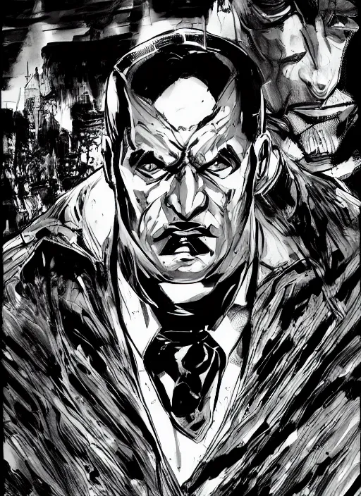 Image similar to portrait, comic villain, black and white comic panel, cover Art, inking, Dynamic lighting, cinematic, establishing shot, extremely high detail, photo realistic, cinematic lighting, pen and ink, intricate line drawings, post processed, concept art, artstation, matte painting, midjourney, style by alex ross, neal adam