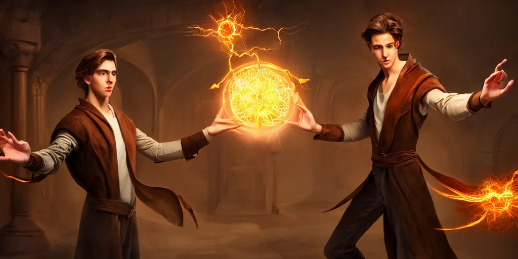 Image similar to action packed scene of a handsome young caucasian male sorcerer with brown hair he is casting a spell that is emanating from his hands he is in a alchemist lab, action pose, medium shot, waist up, digital art, photoreal, 4 k, unreal engine