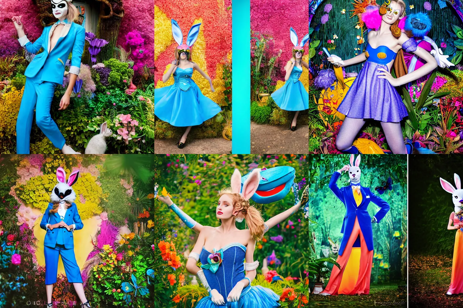 Prompt: super model wearing a blue suit and a bunny mask, looking feminine and fierce , in the middle of a colorful garden, Alice in wonderland theme, detailed, cinematic lighting, photo in the style of Annie Leibovitz and David lachapelle and Steve meiele