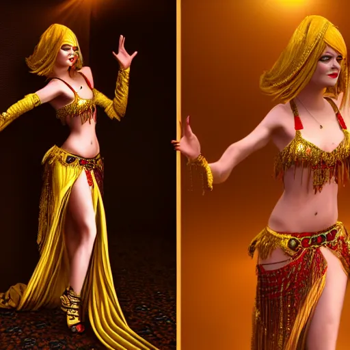 Image similar to full body portrait of emma stone, she is dressed as a belly dancer,, arabian night, in focus sharp face with fine details, a human hand in a video game, volumetric lightening, octane render, high quality, fully detailed, 4 k, alphonse mucha, masterpiece, stunning