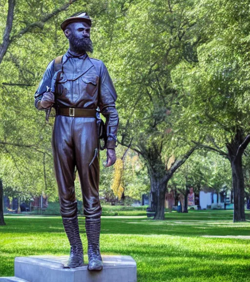 Image similar to a 4 k photorealistic photo medium shot waist up of a bronze statue of a young american soldier with a beard in a park