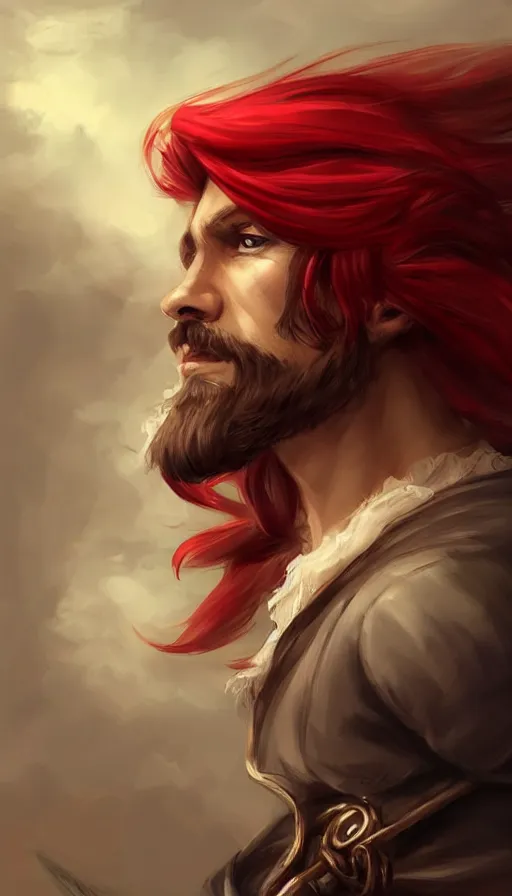 Prompt: portrait of a male pirate with flowing red hair!!!!!!, sky-pirate, handsome, side profile, Steampunk airship!!!!!!!, D&D, fantasy, simple clothing!!!!, elegant, highly detailed, digital painting, deviantart, artstation, concept art, sharp focus, illustration, art by Artgerm and Greg Rutkowski and Alphonse Mucha
