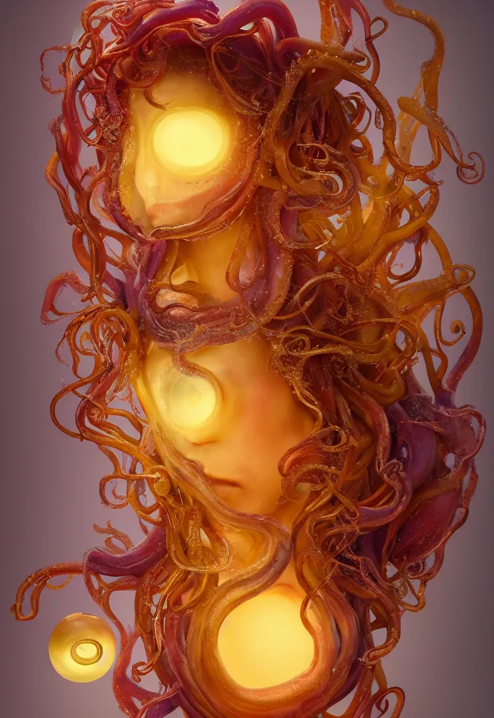 Image similar to subsurface scattering, medusa made of soft wax, cgsociety, translucent, organic squid and ceramic art nouveau swirls, golden orbs, colored smoke, in the style of alberto seveso and ruan jia and beeple and giger, mystical colors, back light, rim light, dramatic lighting, 8 k, stunning scene, raytracing, octane render