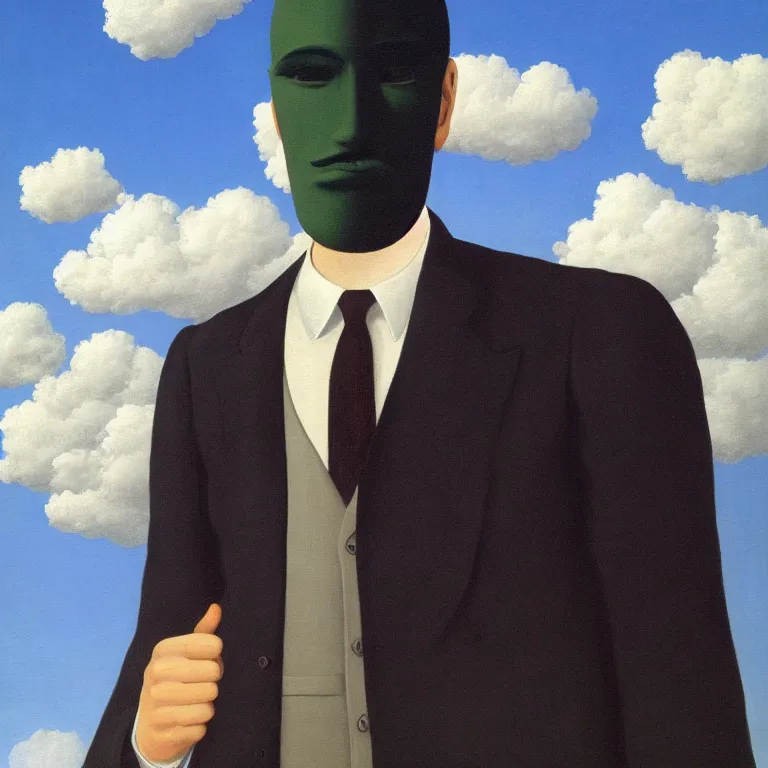 Image similar to portrait of a faceless chrome - head man in a suit, clouds in the background, by rene magritte, detailed painting, distance, centered, hd, hq, high resolution, high detail, 4 k, 8 k