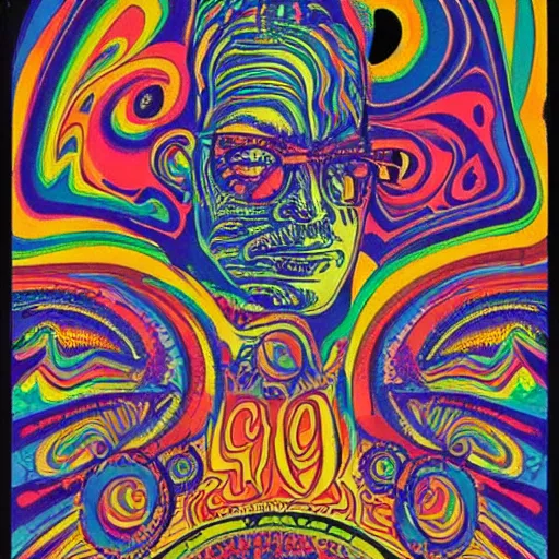 Prompt: a detailed, intricate, psychedelic 1960s poster for a concert in San Francisco featuring Marc E Smith of The Fall, in 1966, LSD, trippy,The Fall