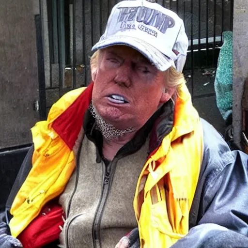 Image similar to donald trump dressed as a homeless man living in the slums