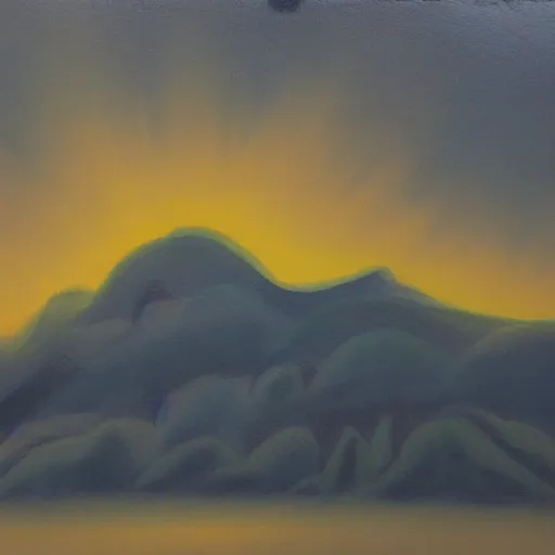 Image similar to silhouette of mountains made of light!!! bright cloudy sky, overexposed, oil on canvas