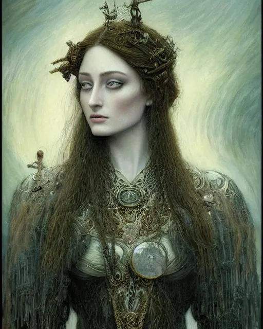 Image similar to matte painting portrait shot, beautiful sophie turner, steampunk, detailed and intricate by jean delville, gustave dore and marco mazzoni, art nouveau, symbolist, visionary, gothic, pre - raphaelite