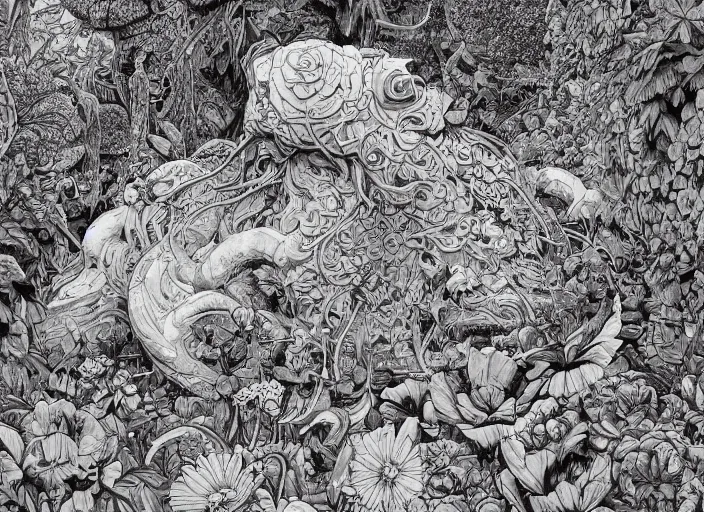 Prompt: a painting of big aged stone surrounded by a lot of beautiful flowers and exotic plants, a detailed painting by naranbaatar ganbold and james jean, behance contest winner, space art, ultrafine detailed painting, biomorphic, black and white, line art, high detail