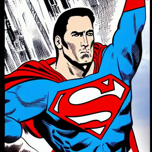 Image similar to Nicholas Cage as Superman comic book. Detailed face Marvel comics art style. Halftone