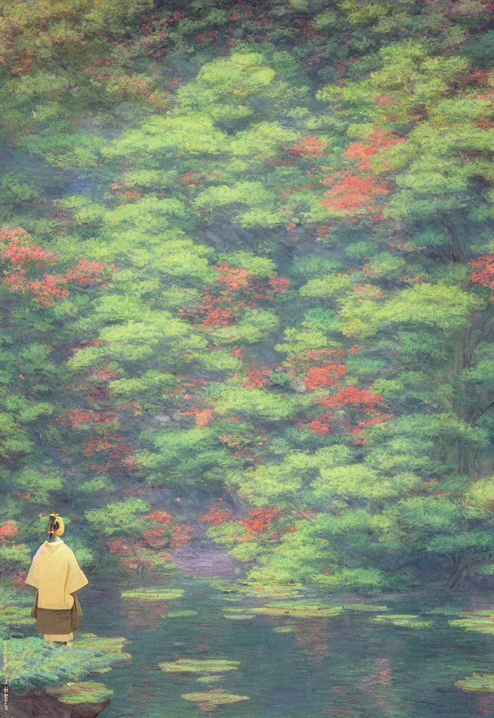 Prompt: tiny character in front of a beautiful japanese city in the mountain, amazing ryokans and gorgeous edo era houses. gorgeous epic nature, lofi, vivid colors, amazing light, by jeremy lipkin, by claude monet, heavily inspired by makoto shinkai, kandinsky touches, masterpiece, multiple brush strokes, impressionist style. divine