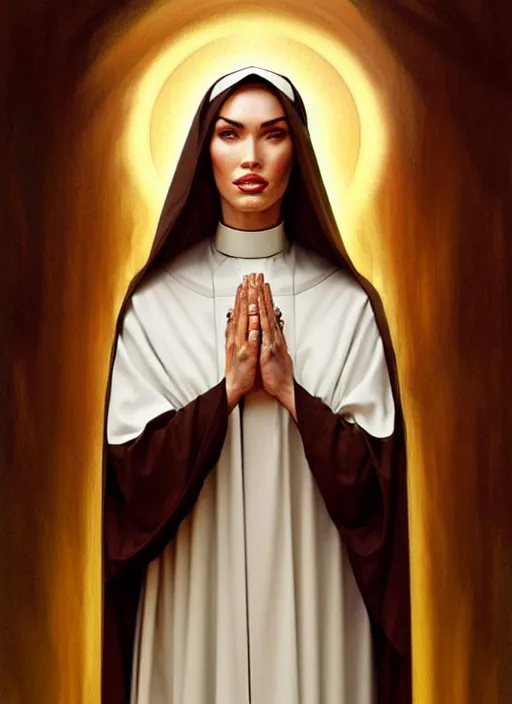 Image similar to portrait of megan fox as a nun praying, catholic, church, bible, christian, intricate, headshot, highly detailed, digital painting, artstation, concept art, sharp focus, cinematic lighting, illustration, art by artgerm and greg rutkowski, alphonse mucha, cgsociety