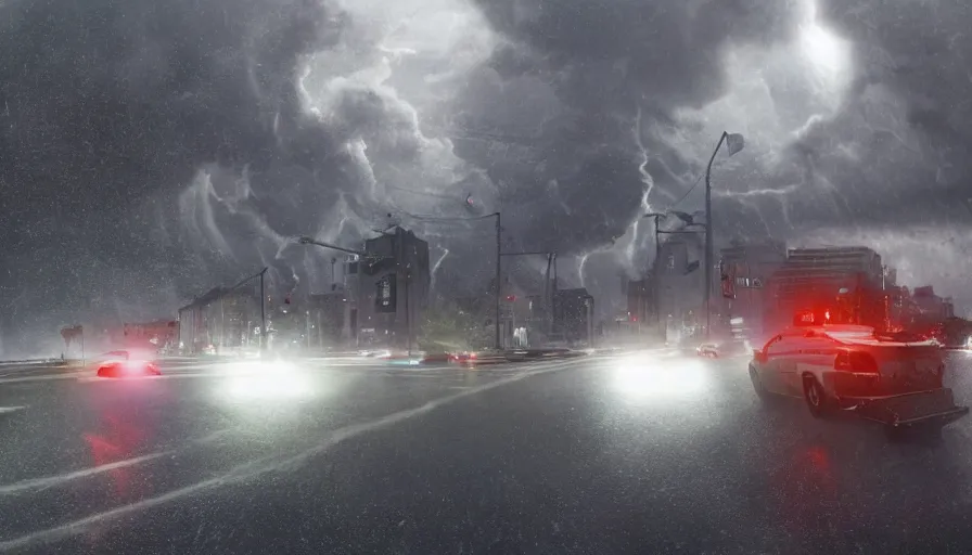 Prompt: cop car with sirens crossing washington dc during storm with tornado destroying the city, debris, hyperdetailed, artstation, cgsociety, 8 k