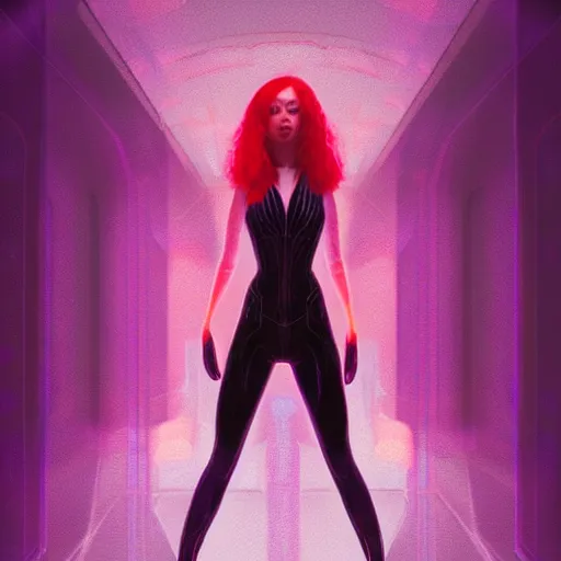 Image similar to long Shot of psychedelic Black widow standing in mysterious chromatic astral temple , stylish, lsd, soft, artstation, cinematic, artwork by WLOP