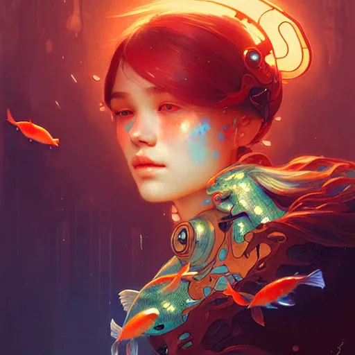 Image similar to Portrait of a lost cyborg girl surrounded by glowing Koi fish, face, fantasy, intricate, elegant, highly detailed, digital painting, artstation, concept art, smooth, sharp focus, illustration, art by Krenz Cushart and Artem Demura and alphonse mucha