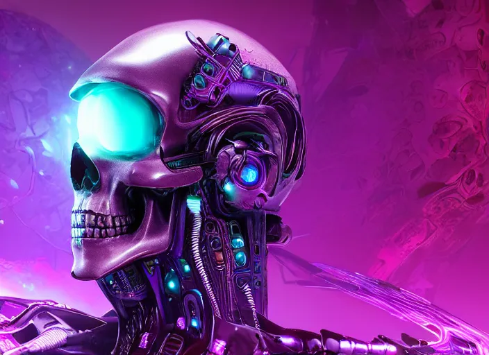 Prompt: a futuristic skull with glowing eyes and a purple background, cyberpunk art by android jones, behance contest winner, computer art, darksynth vaporwave, rendered in cinema 4 d