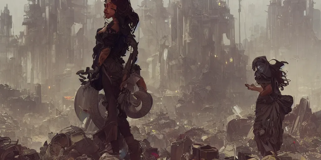 Image similar to garbage dump, city is pure wasteland, raining, detailed characters, alphonse mucha, greg rutkowski, trending on artstation, artgerm, breathtaking, sharp focus, smooth, mark arian, award winning, highly detailed 4 k art