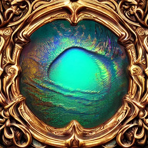 Image similar to Art Nouveau cresting oil slick waves, hyperdetailed bubbles in a shiny iridescent oil slick wave, ornate copper patina medieval ornament, rococo, baroque spirals, octane render