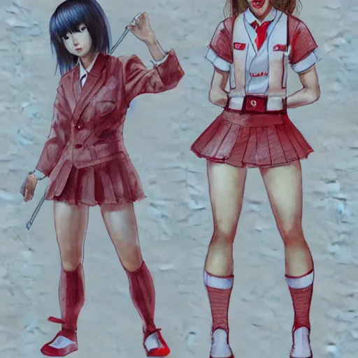 Image similar to a perfect, realistic professional digital sketch of two Japanese schoolgirls posing, in style of Marvel, full length, by pen and watercolor, by a professional American senior artist on ArtStation, a high-quality hollywood-style sketch, on high-quality paper