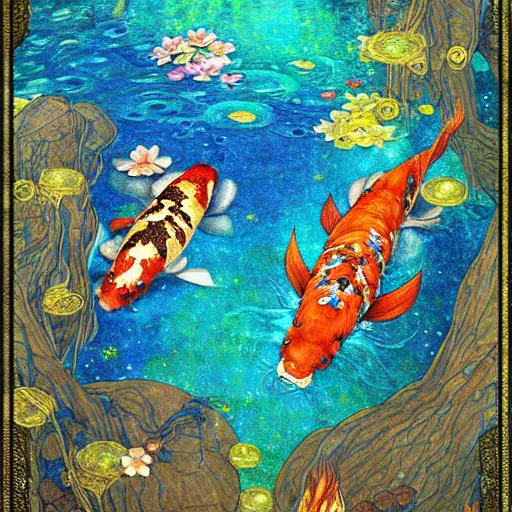 Prompt: tarot card, intricate koi fish pond various angles by ross tran, trees, rocks, water, golden ratio, koi scales, vivid colors, trending on ArtStation, cgsociety gustav klimt frame