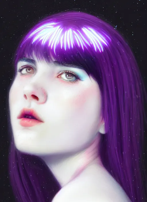 Image similar to portrait of teenage girl with white bangs, red irises, bangs, black and white hair, purple clothes, white bangs, two color hair, black hair and white bangs, intricate, elegant, glowing lights, highly detailed, digital painting, artstation, concept art, smooth, sharp focus, illustration, art by wlop, mars ravelo and greg rutkowski